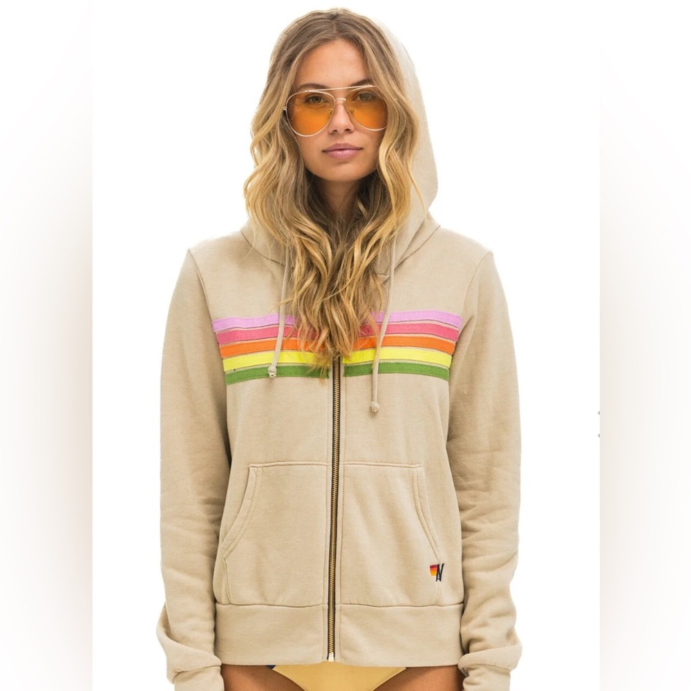 Aviator Nation 5 STRIPE HOODIE - SAND // PINK // GREEN